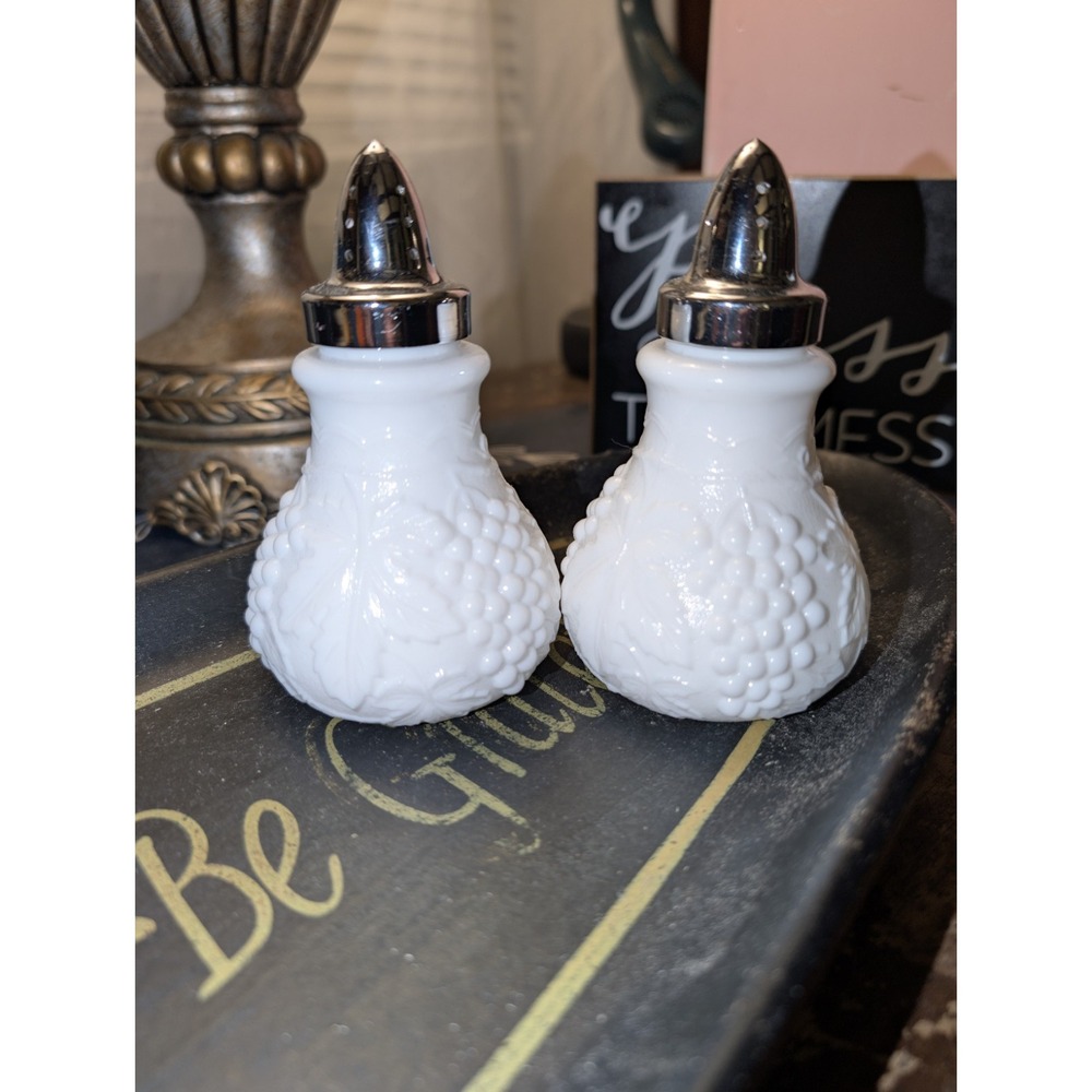 Vintage Imperial Milk Glass with Grape‎ & Vine Pattern Salt & Pepper Shakers